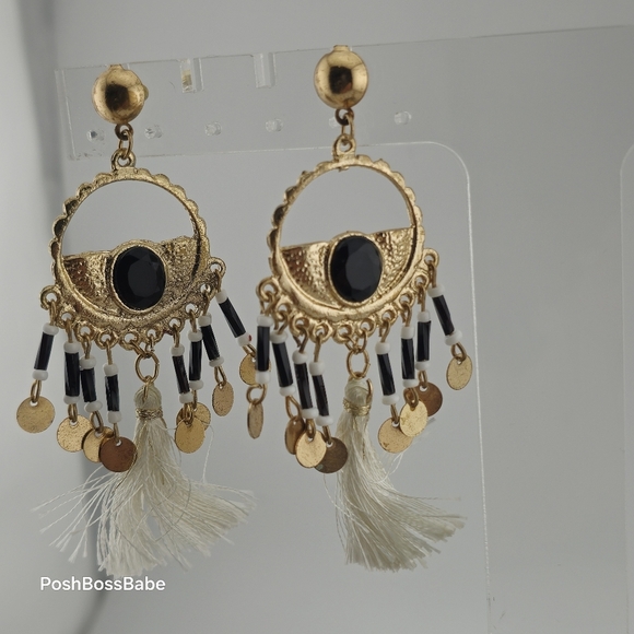 Boho Chic Gold and Black Beaded Statement Earrings – 3.25" Length - Picture 5 of 8